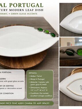 Farval Portugal Mid Century Modern White Ceramic Leaf Bowl Green Glass Accent